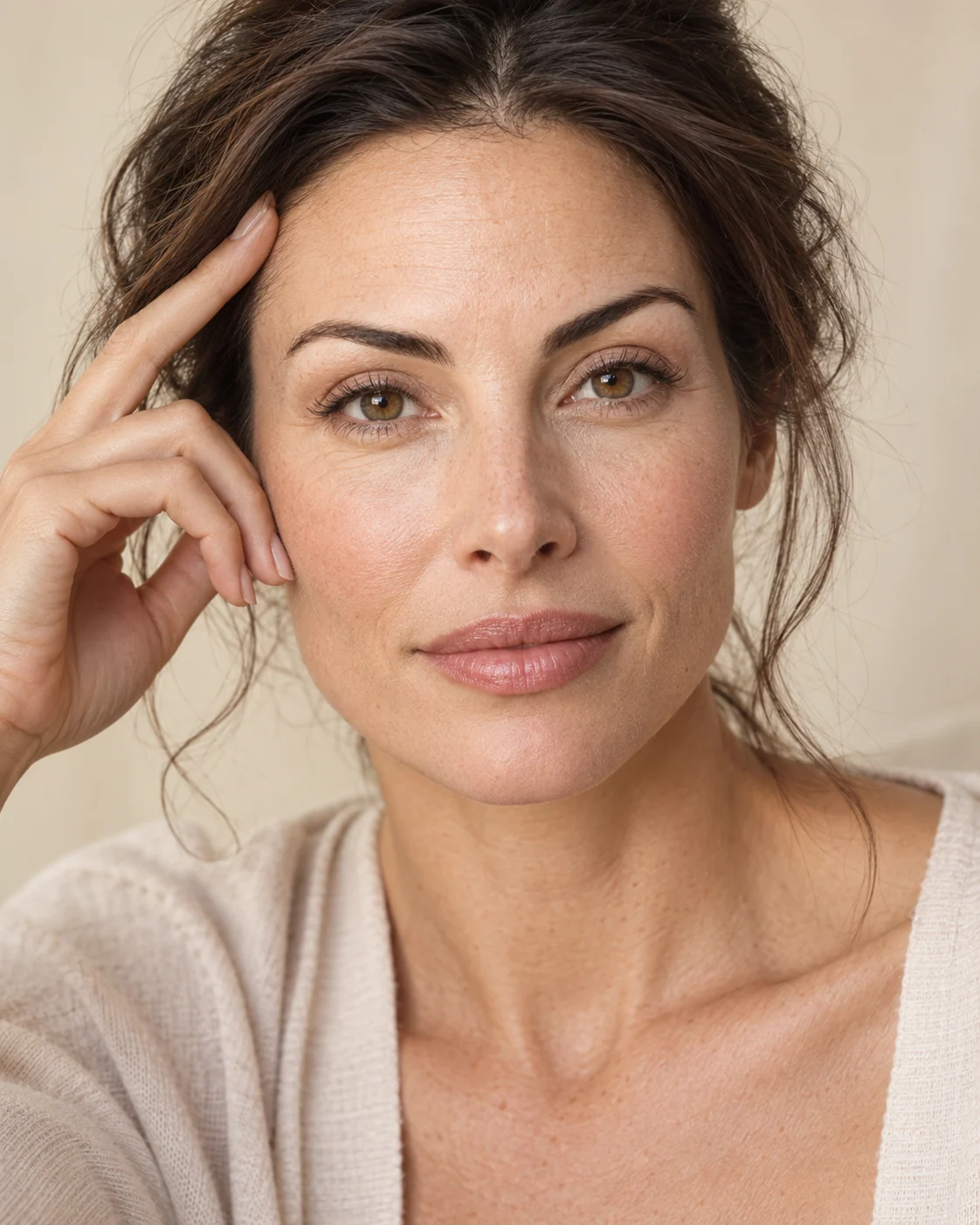 Editorial portrait of a woman against a warm cream background